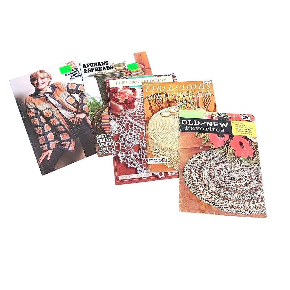 Mix Crochet Lot of 5 Magazines 1961, 80, 82,88 Table Dollies Afghans & Sweaters.